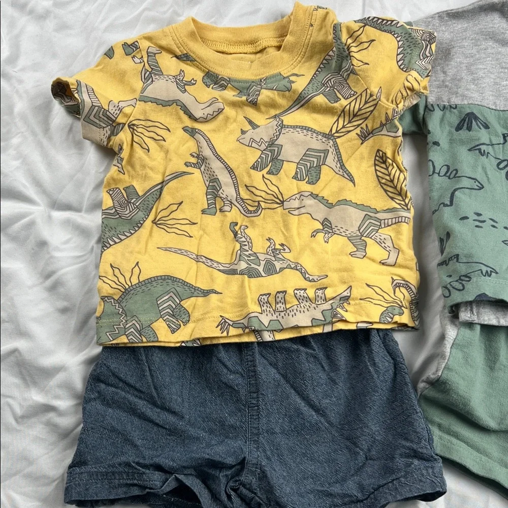 Carter's Yellow Dino Print Tee with Blue Shorts and‎ Carter’s grey green set